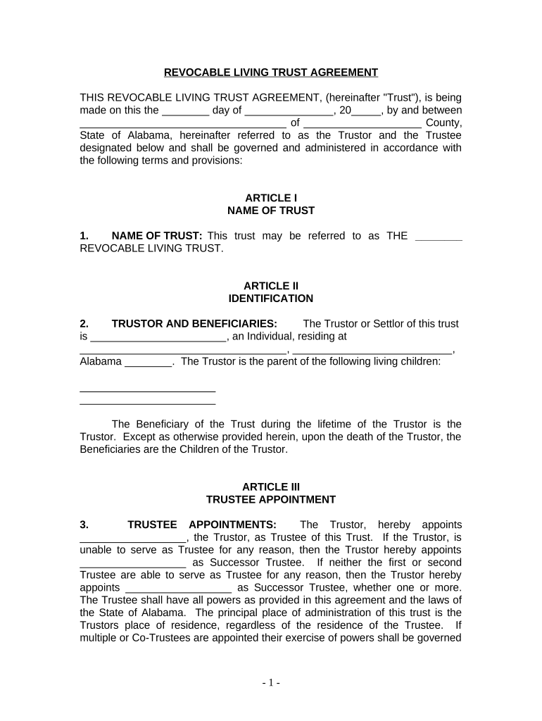Living Trust for individual, Who is Single, Divorced or Widow or Widower with Children - Alabama Preview on Page 1.