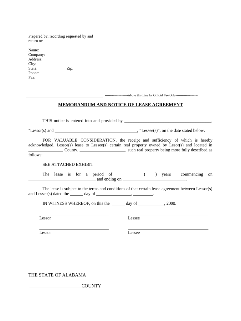 Notice of Lease for Recording - Alabama Preview on Page 1