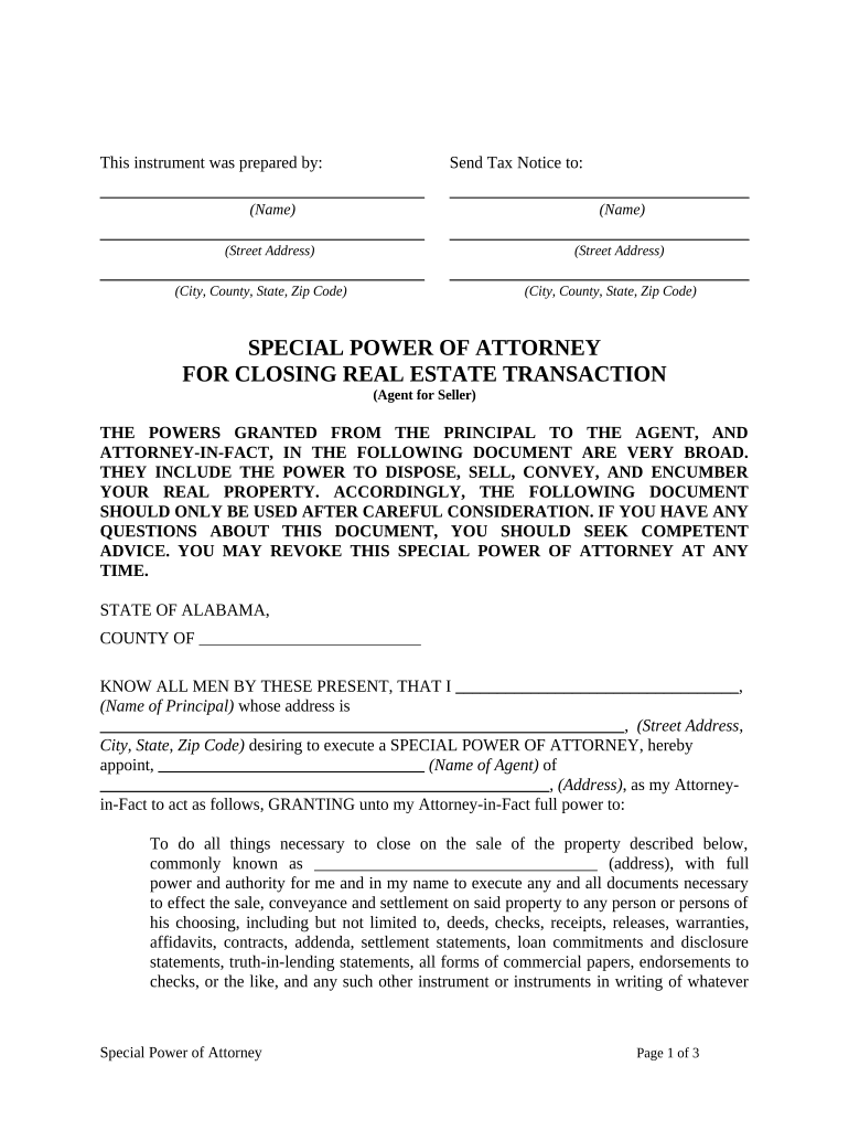 Special or Limited Power of Attorney for Real Estate Sales Transaction By Seller - Alabama Preview on Page 1.