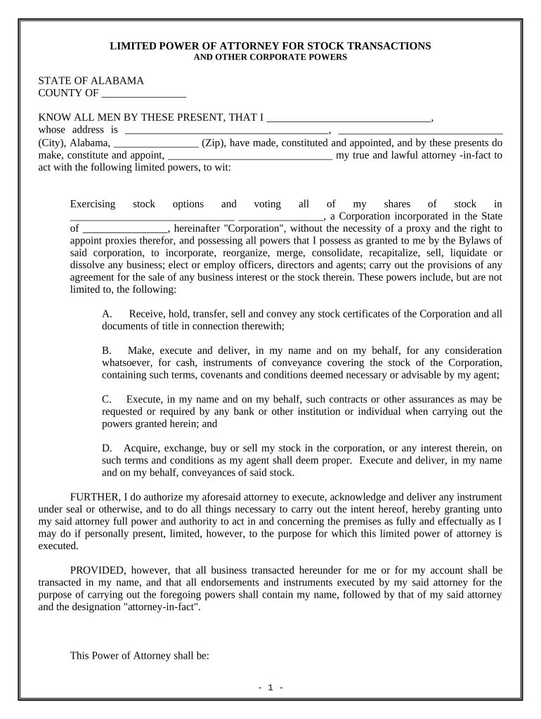 Limited Power of Attorney for Stock Transactions and Corporate Powers - Alabama Preview on Page 1
