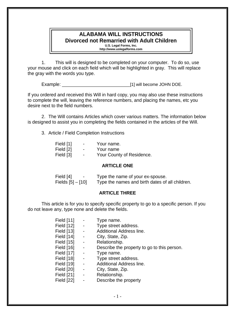 Legal Last Will and Testament Form for Divorced person not Remarried with Adult Children - Alabama Preview on Page 1