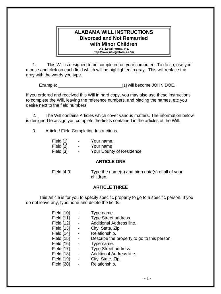 Legal Last Will and Testament Form for Divorced person not Remarried with Minor Children - Alabama Preview on Page 1