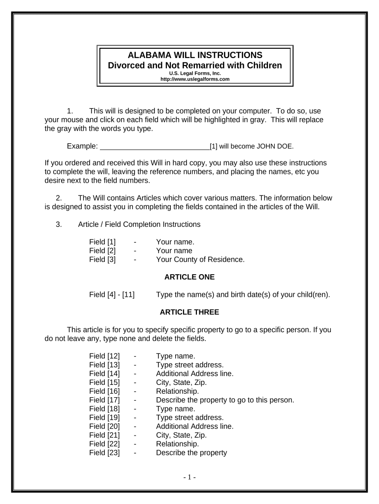 Legal Last Will and Testament Form for Divorced Person Not Remarried with Adult and Minor Children - Alabama Preview on Page 1