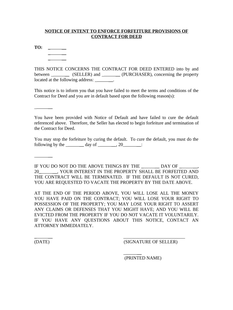 Notice of Intent to Enforce Forfeiture Provisions of Contact for Deed - Arkansas Preview on Page 1