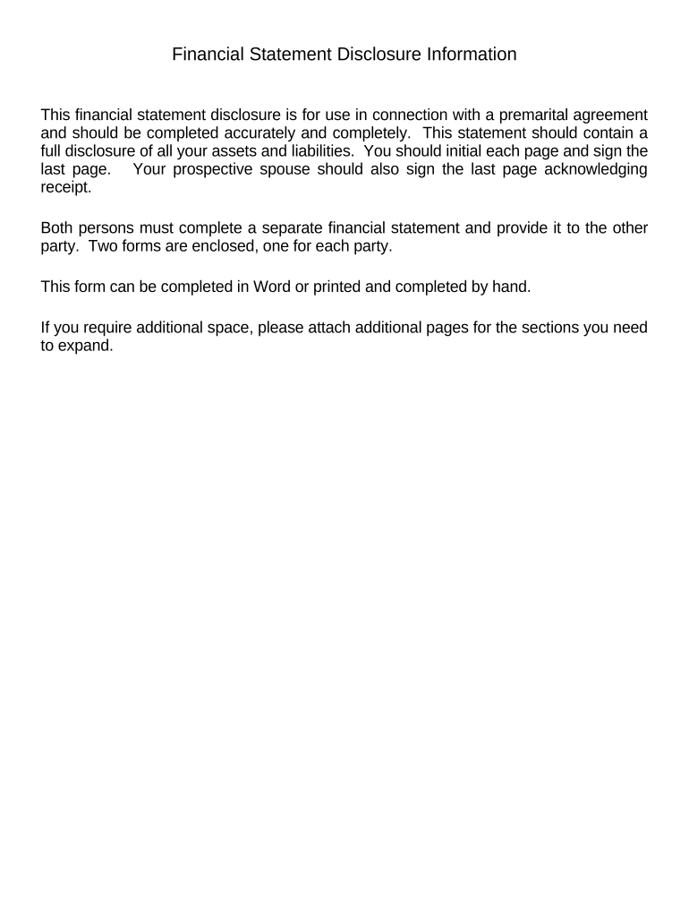 Financial Statements only in Connection with Prenuptial Premarital Agreement - Arkansas Preview on Page 1