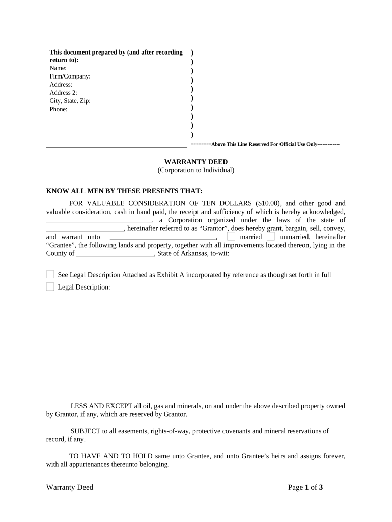 Warranty Deed from Corporation to Individual - Arkansas Preview on Page 1