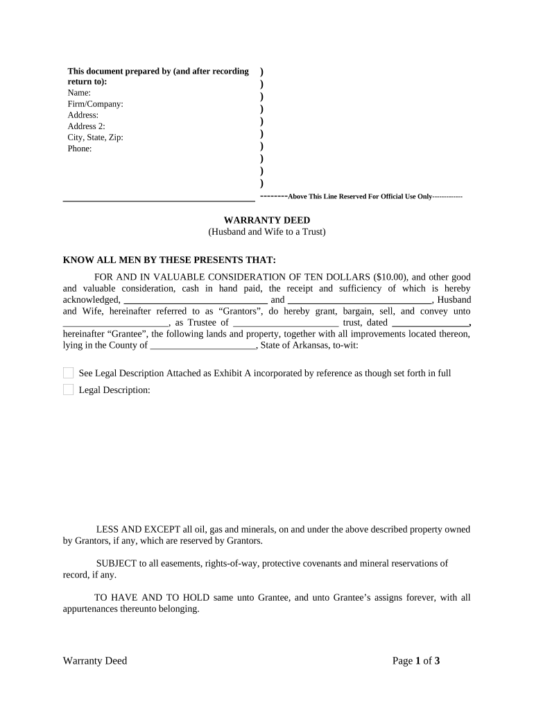 Warranty Deed from Husband and Wife to a Trust - Arkansas Preview on Page 1