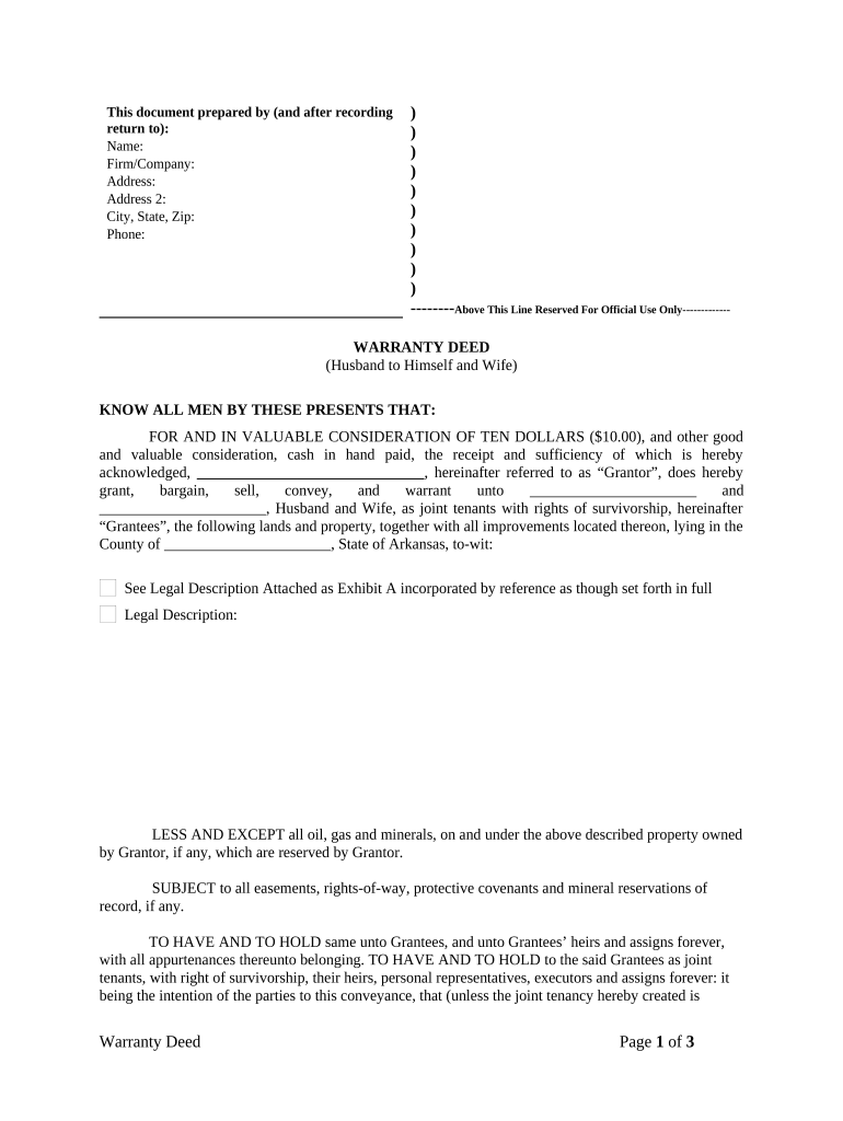 Warranty Deed from Husband to Himself and Wife - Arkansas Preview on Page 1