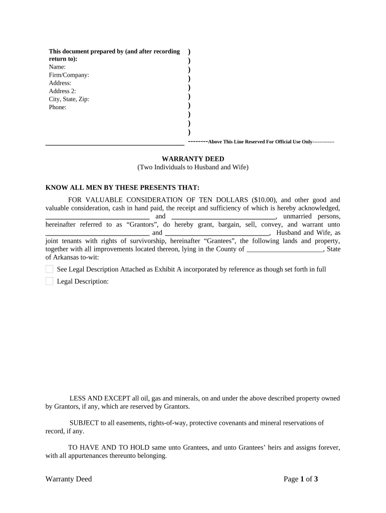 Warranty Deed from two Individuals to Husband and Wife - Arkansas Preview on Page 1