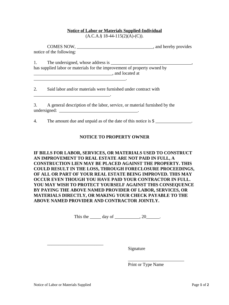 Notice of Labor or Materials Provided - Individual - Arkansas Preview on Page 1