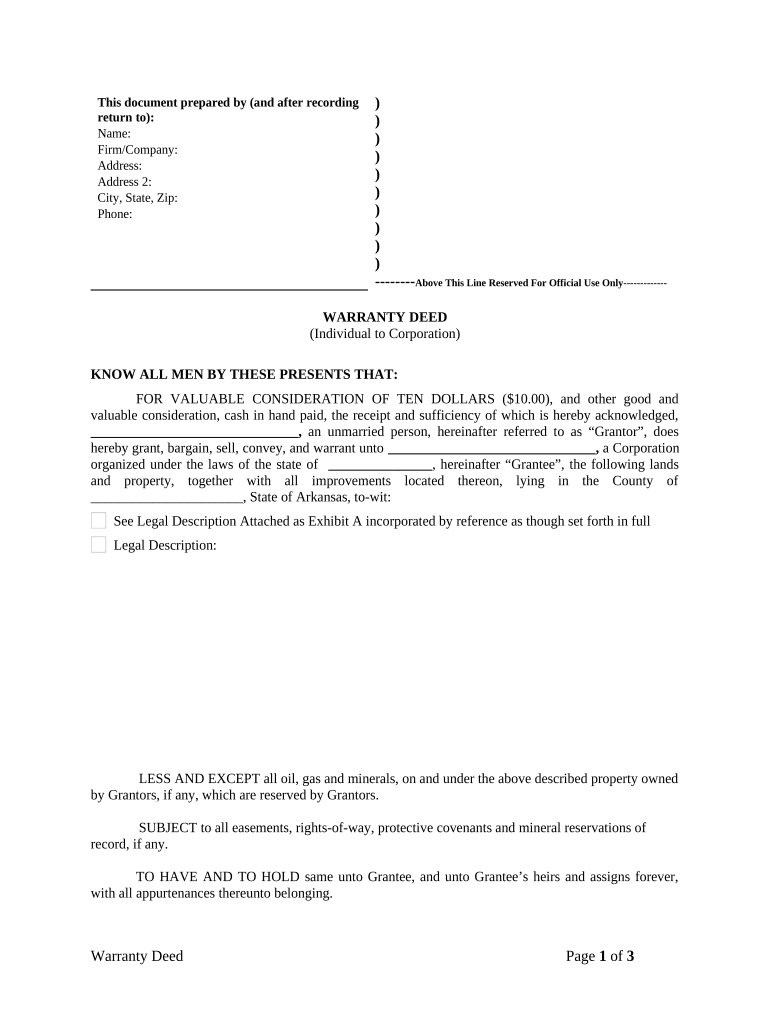 Warranty Deed from Individual to Corporation - Arkansas Preview on Page 1