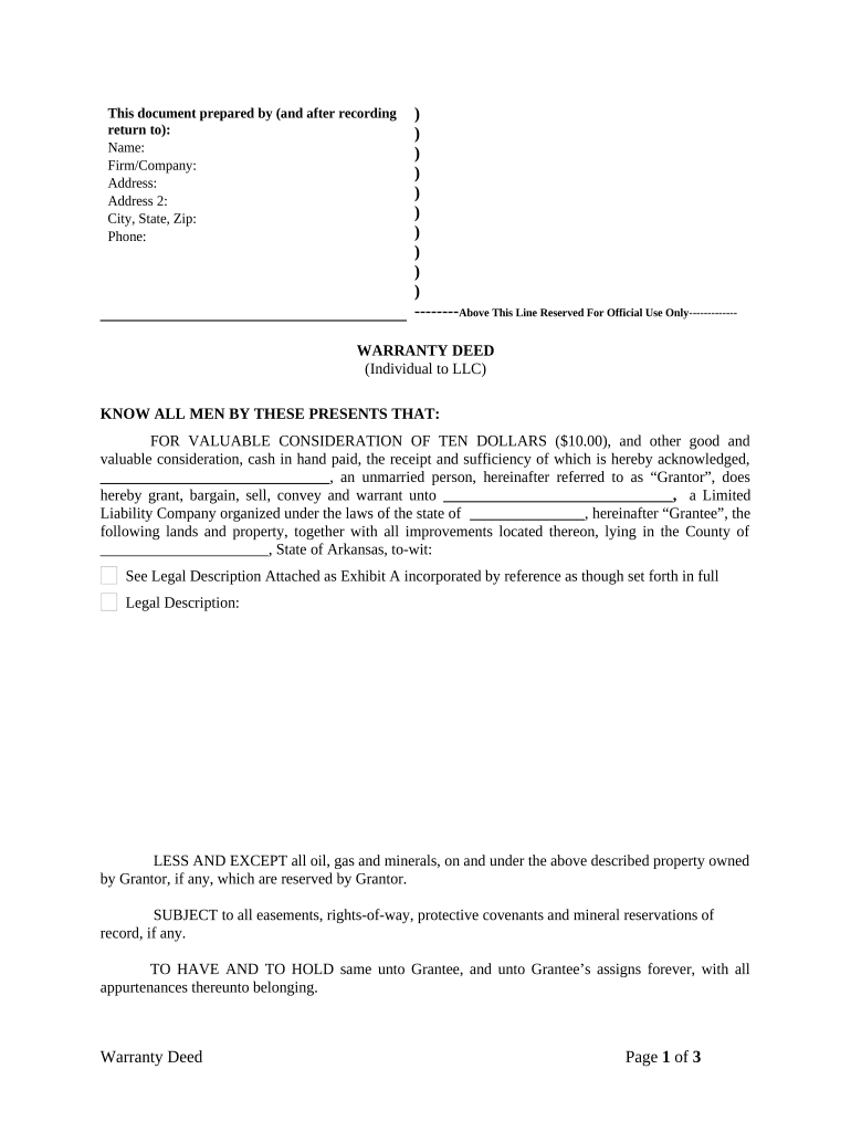 Warranty Deed from Individual to LLC - Arkansas Preview on Page 1