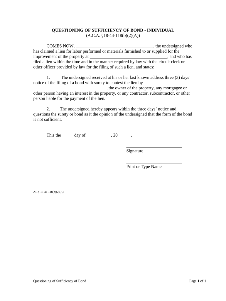 Questioning of Sufficiency of Bond - Individual - Arkansas Preview on Page 1