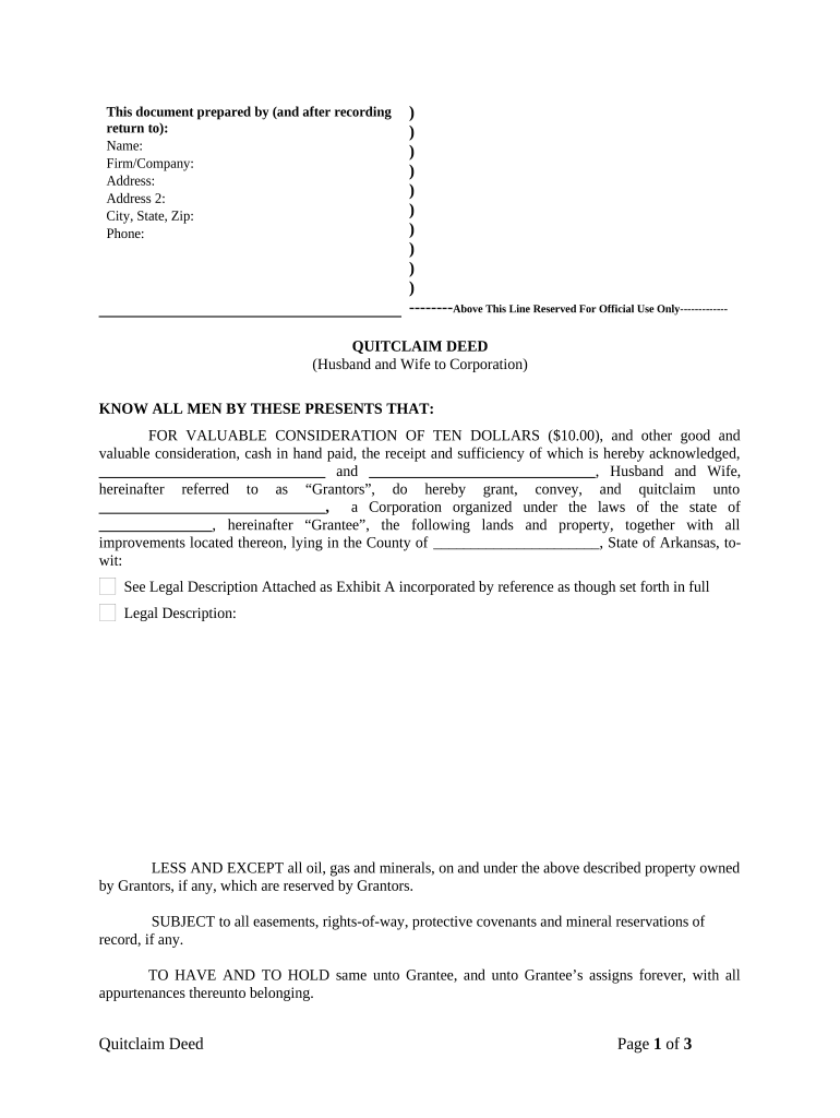 Quitclaim Deed from Husband and Wife to Corporation - Arkansas Preview on Page 1
