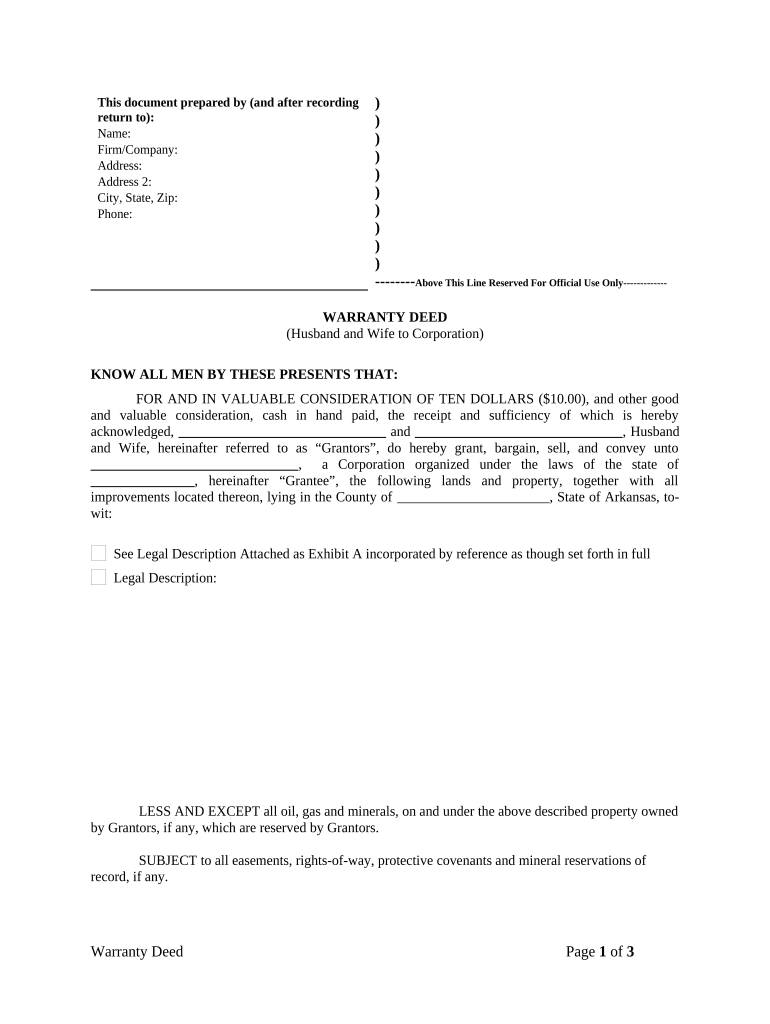 Warranty Deed from Husband and Wife to Corporation - Arkansas Preview on Page 1