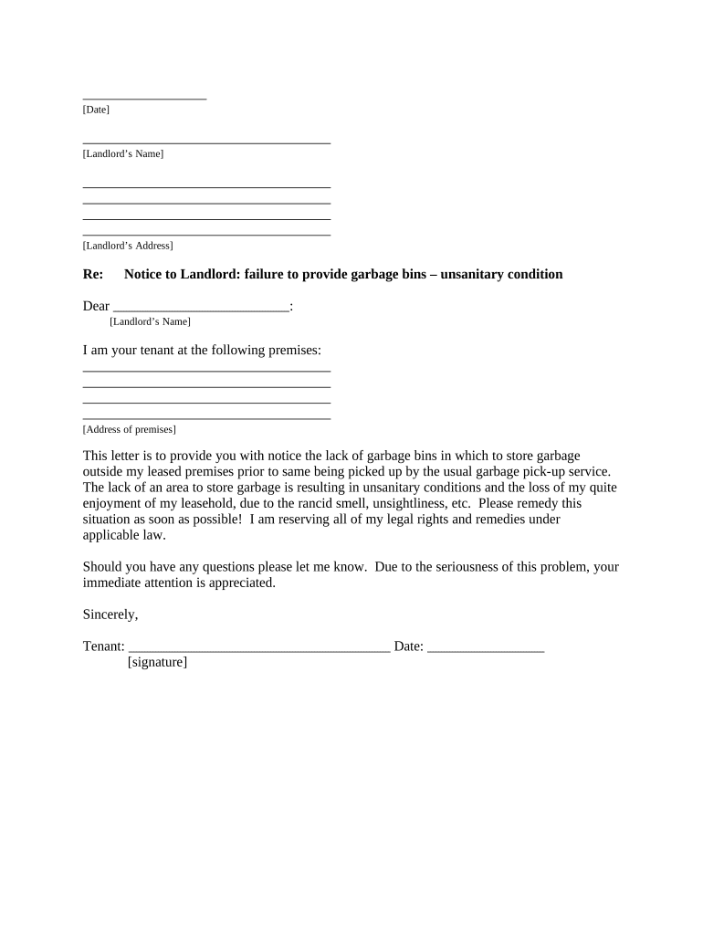 Letter from Tenant to Landlord with Demand that landlord provide proper outdoor garbage receptacles - Arkansas Preview on Page 1