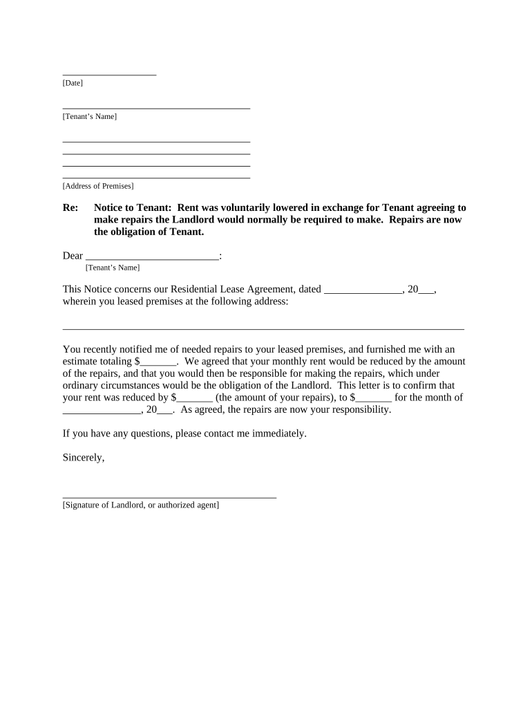 Letter from Landlord to Tenant as Notice that rent was voluntarily lowered in exchange for tenant agreeing to make repairs normally required of landlord - Arkansas Preview on Page 1