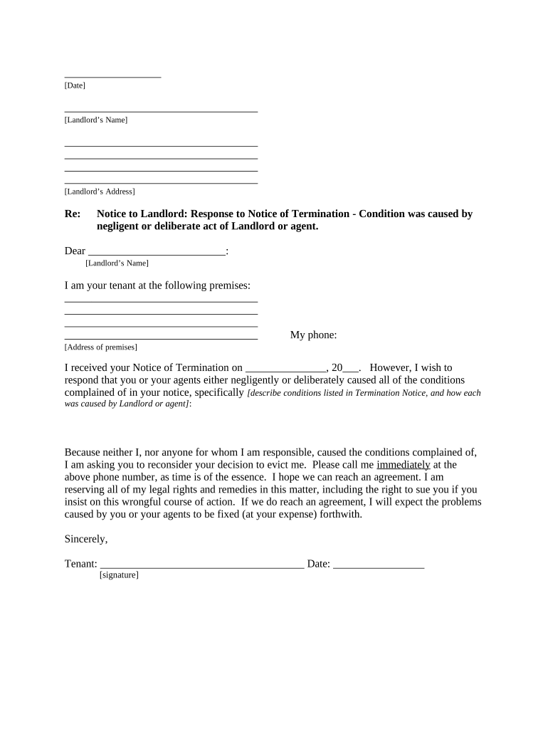 Letter from Tenant to Landlord responding to Notice to Terminate for Noncompliance - Noncompliant condition caused by Landlord&#039;s own deliberate or negligent act - Arkansas Preview on Page 1