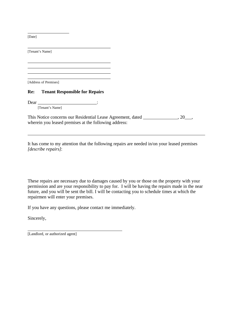 Letter from Landlord to Tenant as Notice to tenant to repair damage caused by tenant - Arkansas Preview on Page 1