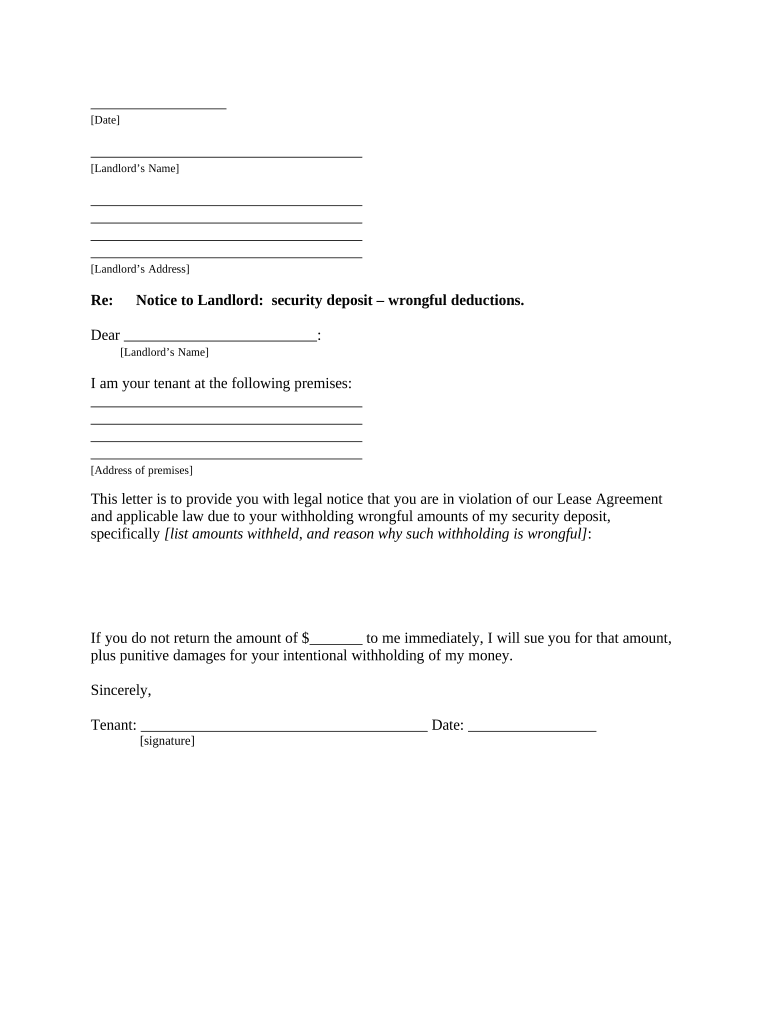 Letter from Tenant to Landlord containing Notice of wrongful deductions from security deposit and demand for return - Arkansas Preview on Page 1.