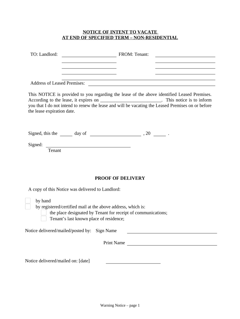 Notice of Intent to Vacate at End of Specified Lease Term from Tenant to Landlord - Nonresidential - Arkansas Preview on Page 1