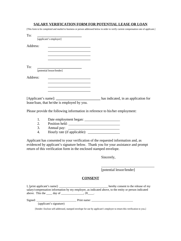 Salary Verification form for Potential Lease - Arkansas Preview on Page 1.