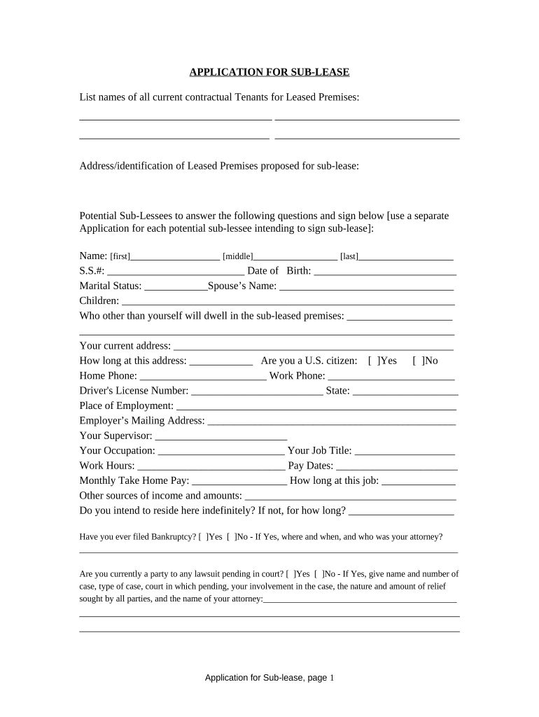 Application for Sublease - Arkansas Preview on Page 1.