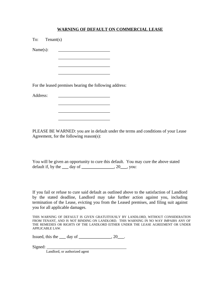 Warning of Default on Commercial Lease - Arkansas Preview on Page 1