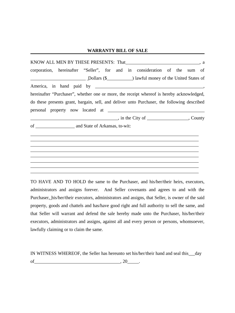 Bill of Sale with Warranty for Corporate Seller - Arkansas Preview on Page 1