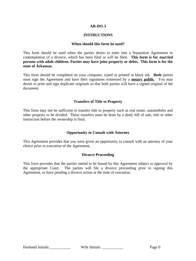 Legal Separation and Property Settlement Agreement with Adult Children - Marital - Parties May have Joint Property or Debts - Divorce Action Filed - Arkansas Preview on Page 1