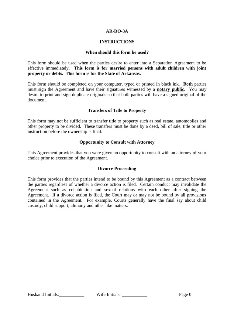 Legal Separation and Property Settlement Agreement with Adult Children - Marital - Parties May have Joint Property or Debts - Effective Immediately - Arkansas Preview on Page 1