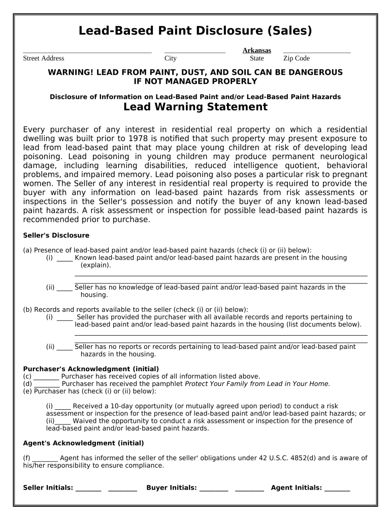 Lead Based Paint Disclosure for Sales Transaction - Arkansas Preview on Page 1.