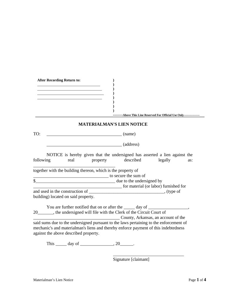 Materialman&#039;s Lien Notice - General - Arkansas Preview on Page 1