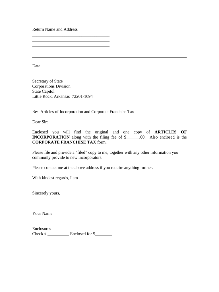 Sample Transmittal Letter for Articles of Incorporation - Arkansas Preview on Page 1