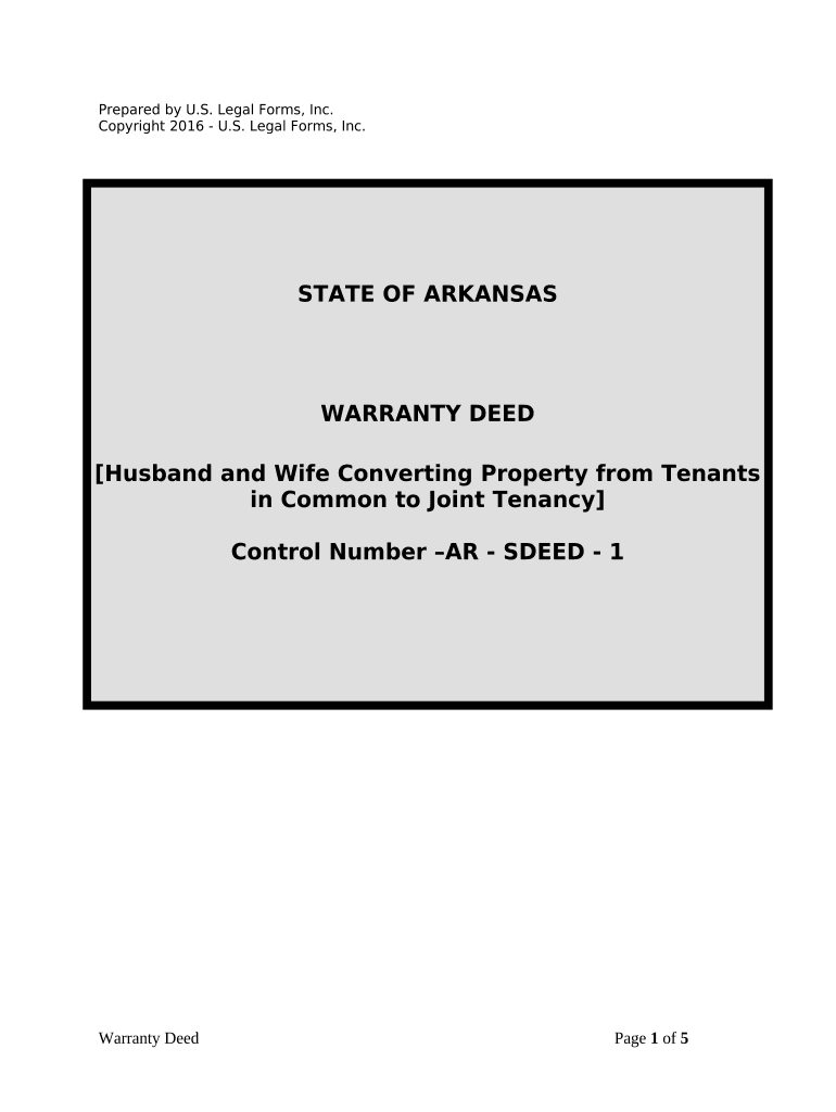 Warranty Deed for Husband and Wife Converting Property from Tenants in Common to Joint Tenancy - Arkansas Preview on Page 1