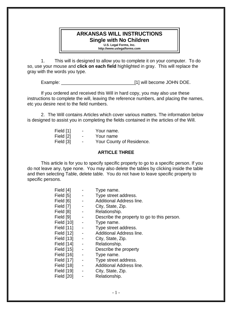 Legal Last Will and Testament Form for Single Person with No Children - Arkansas Preview on Page 1