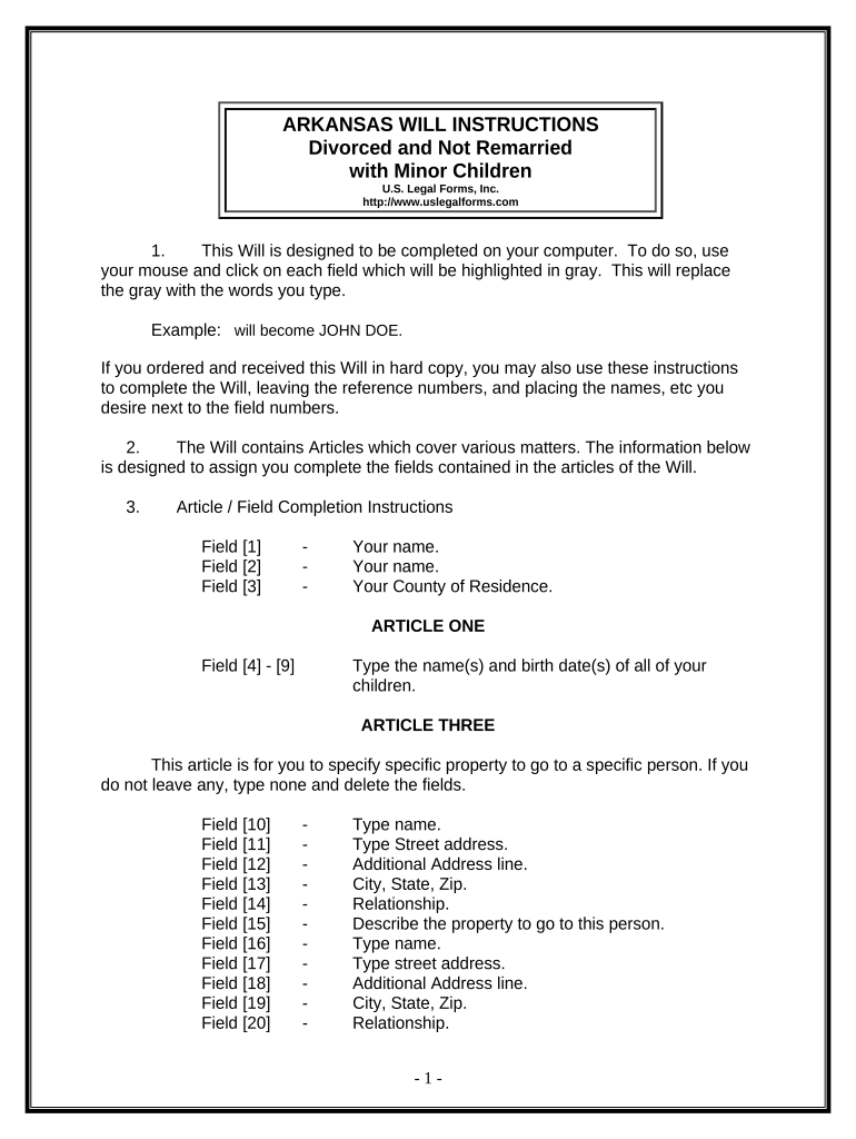 Legal Last Will and Testament Form for Divorced person not Remarried with Minor Children - Arkansas Preview on Page 1