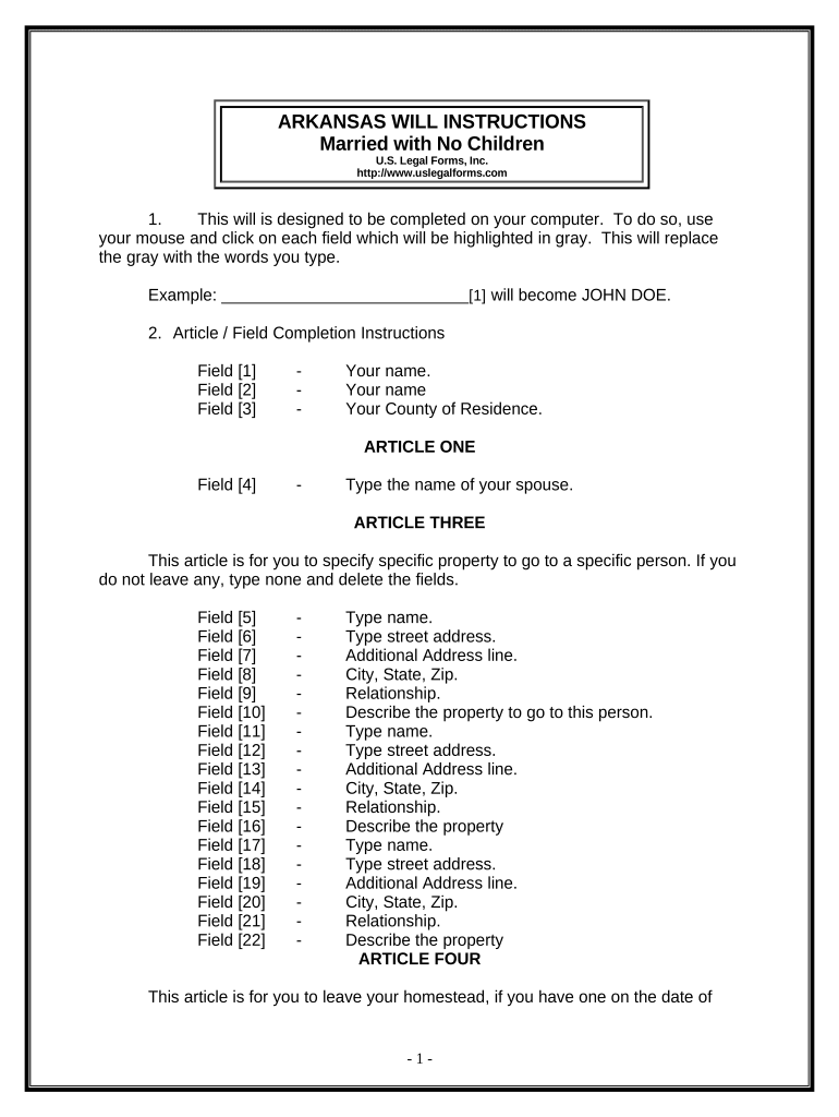 Legal Last Will and Testament Form for a Married Person with No Children - Arkansas Preview on Page 1