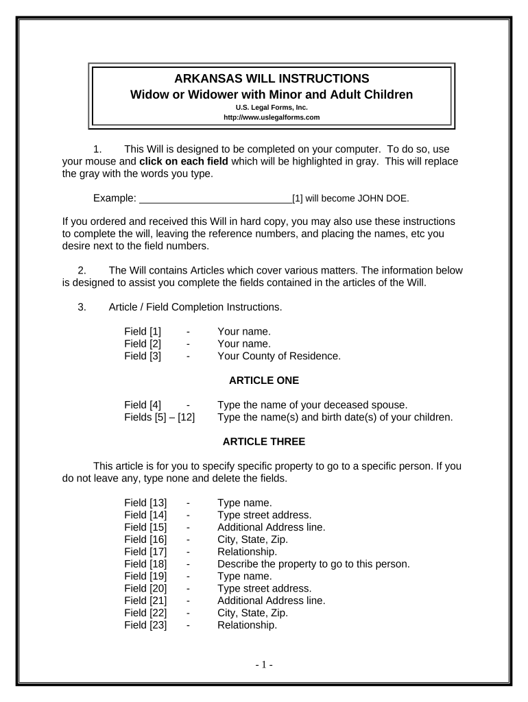 Legal Last Will and Testament Form for a Widow or Widower with Adult and Minor Children - Arkansas Preview on Page 1.