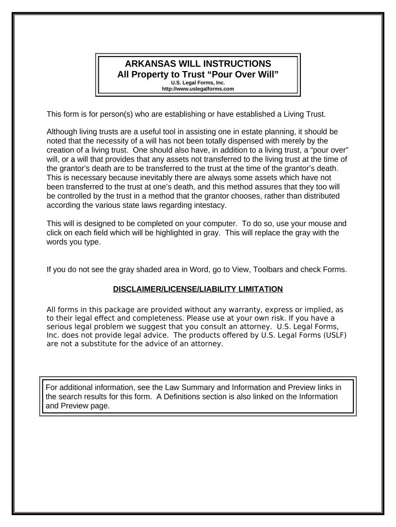 Legal Last Will and Testament Form with All Property to Trust called a Pour Over Will - Arkansas Preview on Page 1.