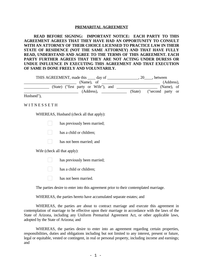 Arizona Prenuptial Premarital Agreement without Financial Statements - Arizona Preview on Page 1