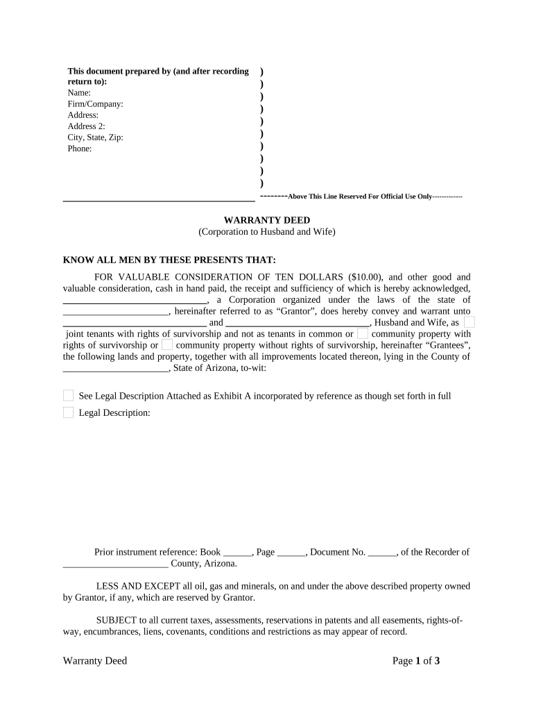 Warranty Deed from Corporation to Husband and Wife - Arizona Preview on Page 1.