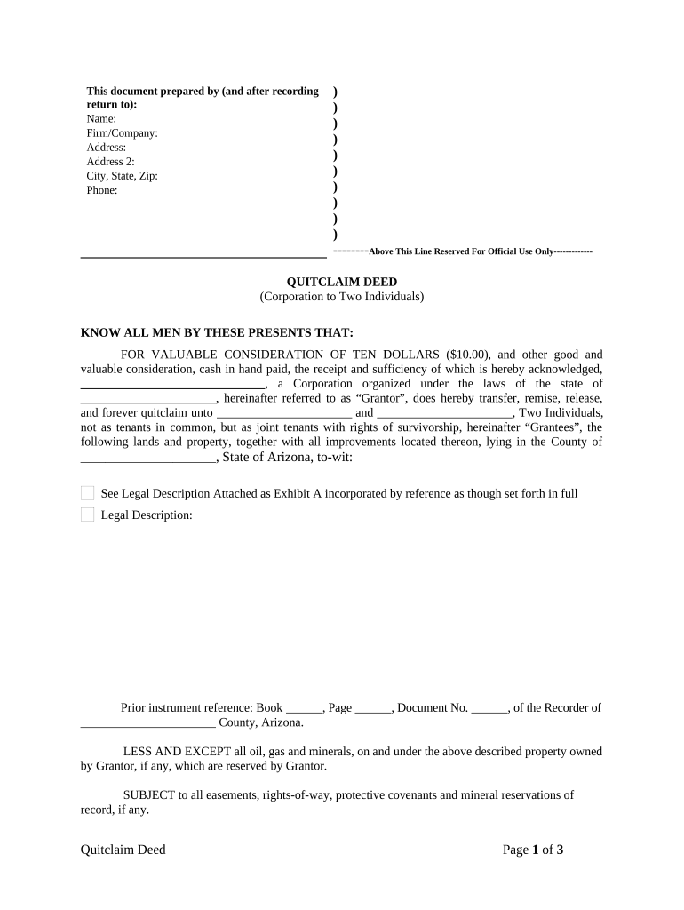 Quitclaim Deed from Corporation to Two Individuals - Arizona Preview on Page 1