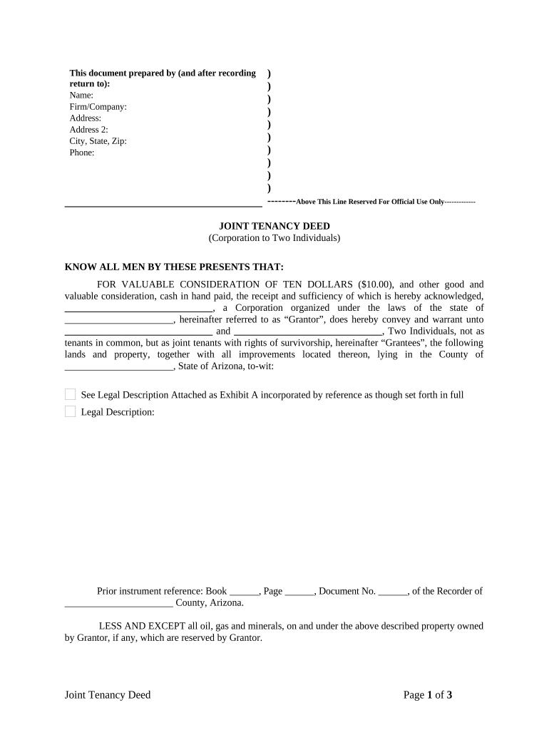 Joint Tenancy Deed from Corporation to Two Individuals - Arizona Preview on Page 1.