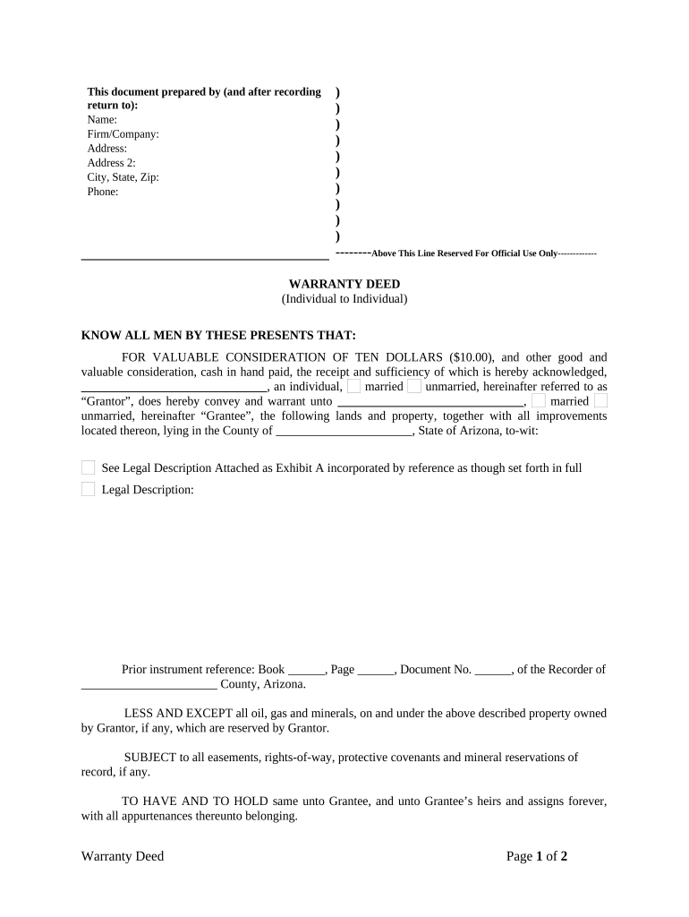 Warranty Deed from Individual to Individual - Arizona Preview on Page 1.