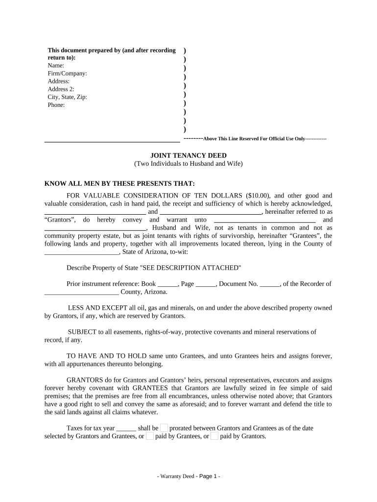 Joint Tenancy Deed - Two Individuals to Husband and Wife - Arizona Preview on Page 1.