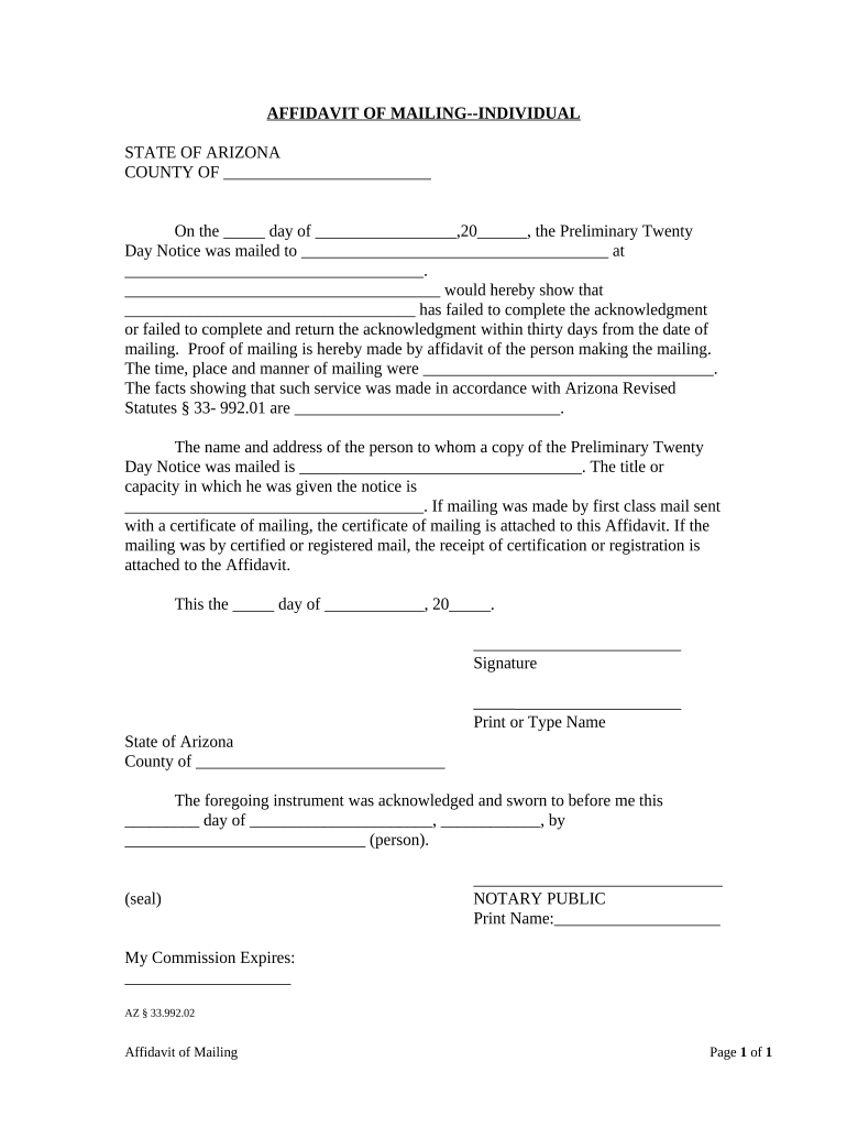Affidavit of Mailing - Mechanic Liens - Individual - Arizona Preview on Page 1