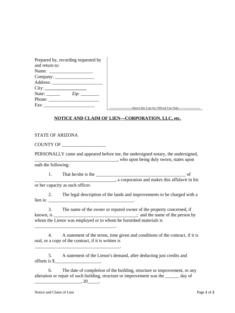 arizona notice lien Preview on Page 1