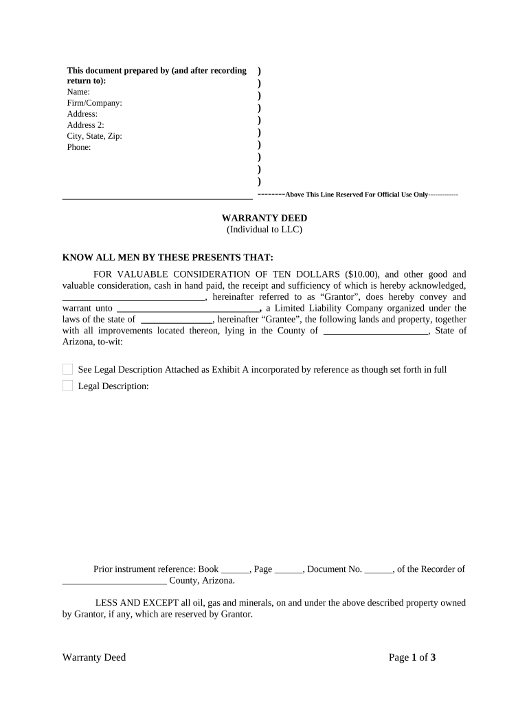 Warranty Deed from Individual to LLC - Arizona Preview on Page 1