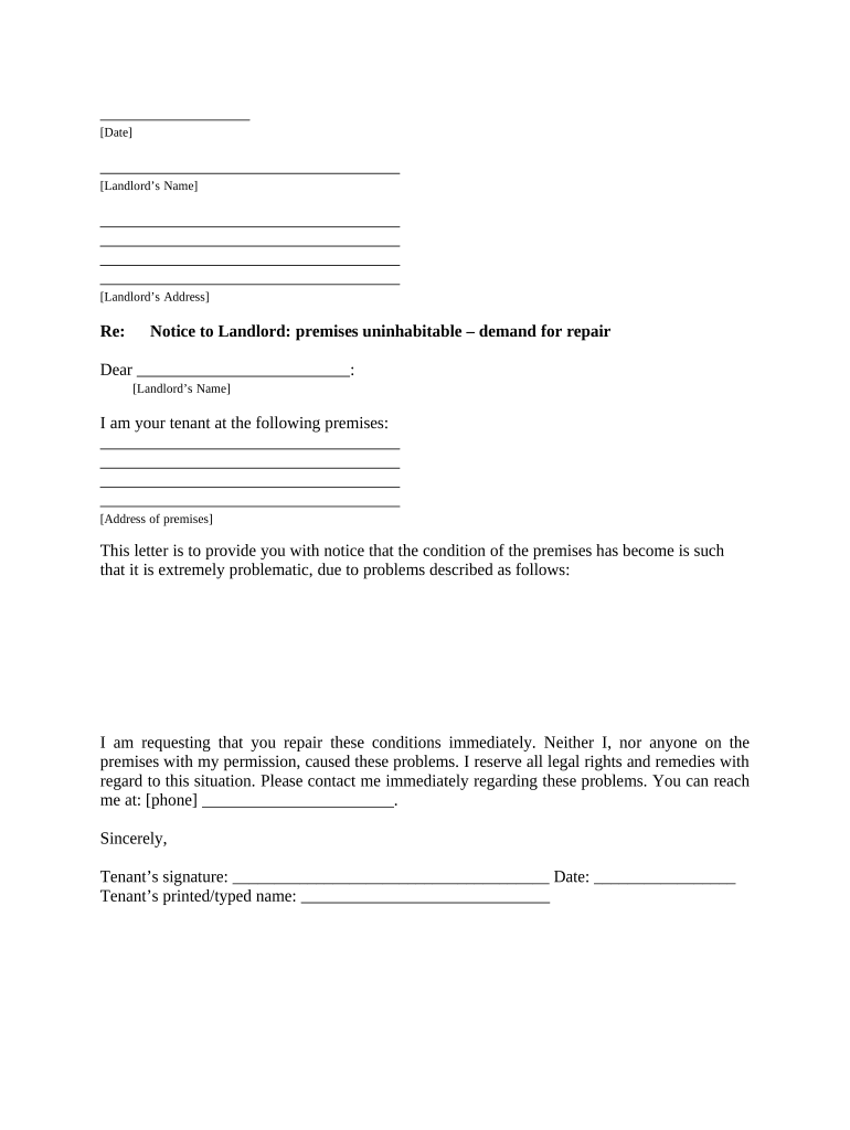 Letter from Tenant to Landlord containing Notice that premises in uninhabitable in violation of law and demand immediate repair - Arizona Preview on Page 1